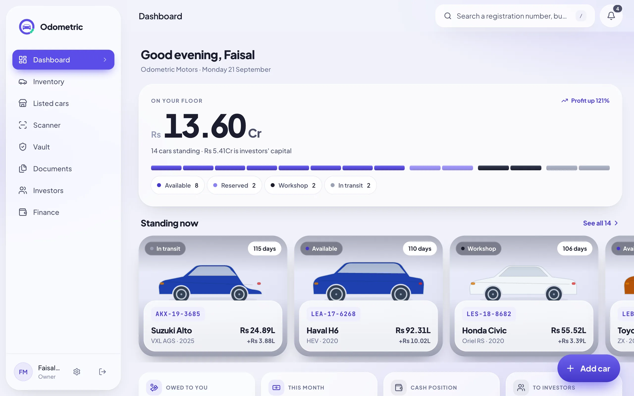 The Odometric dashboard in a desktop browser: the capital on the floor, the cars standing, money owed, this month's profit and cash position