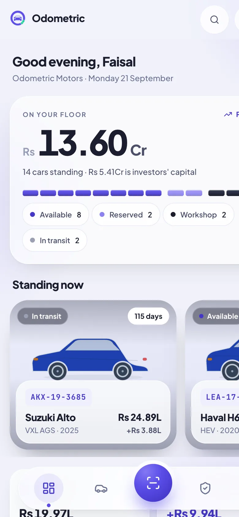 The Odometric home screen on a phone: the capital standing on the floor, one cell per car by status, and the cars themselves as photo cards